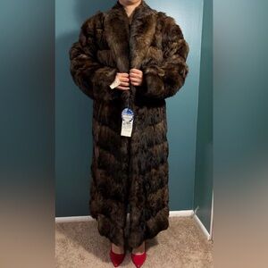 Vintage Real Opossum Fur Coat | Full Length | Brown | US 14–16